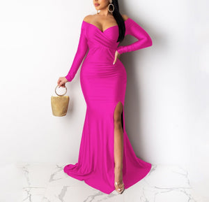 Long Sleeve Off Shoulder Split Maxi Dresses