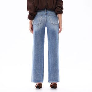 ONESO Women BBL Jeans Mid-Low Rise Wide Leg Stretch Relaxed Fit Embroidered Jeans Flat Tummy Design Simple Basic Trousers