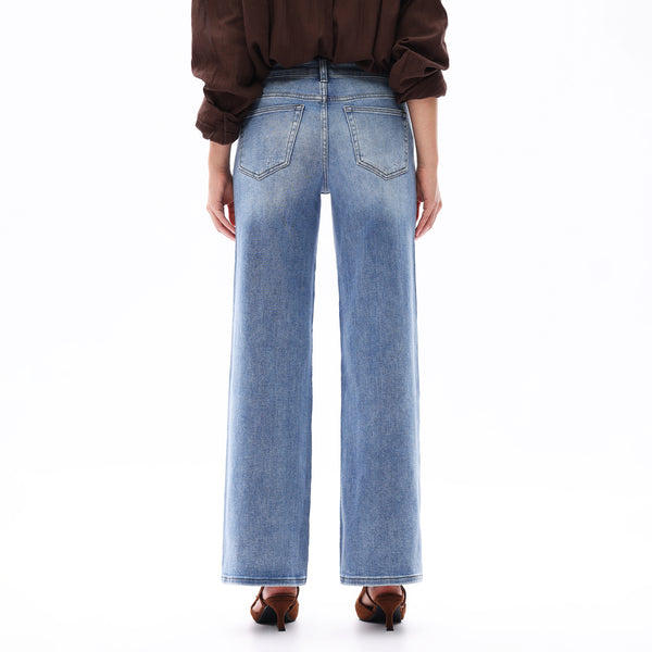 ONESO Women BBL Jeans Mid-Low Rise Wide Leg Stretch Relaxed Fit Embroidered Jeans Flat Tummy Design Simple Basic Trousers