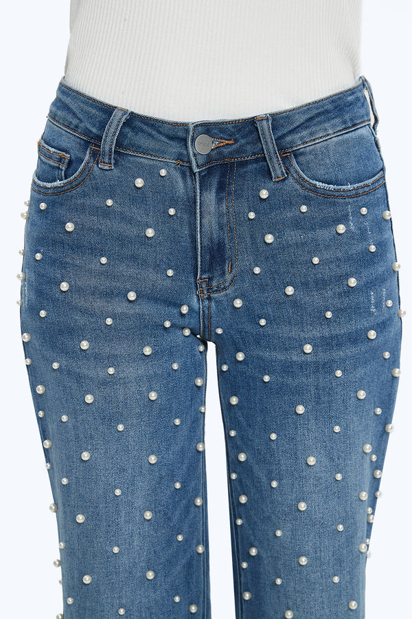 ONESO Wide Leg Mid-Low Rise Baggy Jeans for Women Distressed Pants Stretchy Bottom Lady Basic Comfortable Denim