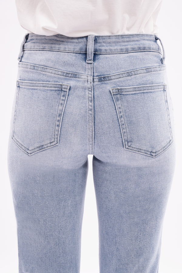 Bloomie Mid Waist EmbroideredHem Stretchy Jeans Women Straight Leg CasualDenim Pants