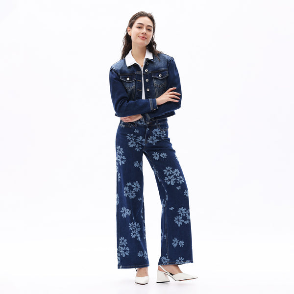 ONESO Women BBL Jeans Mid-Low Rise Wide Leg Stretch Baggy Printing Denim with Tummy Control Minimalist Basic Trouser