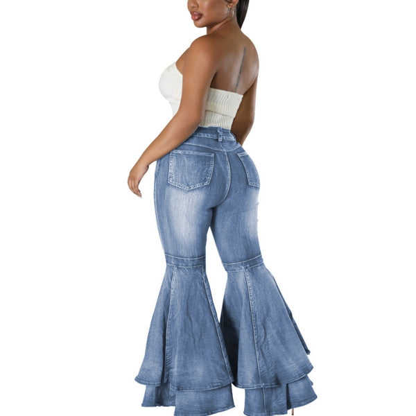 Denim High Waist Ruffle Flare Jeans