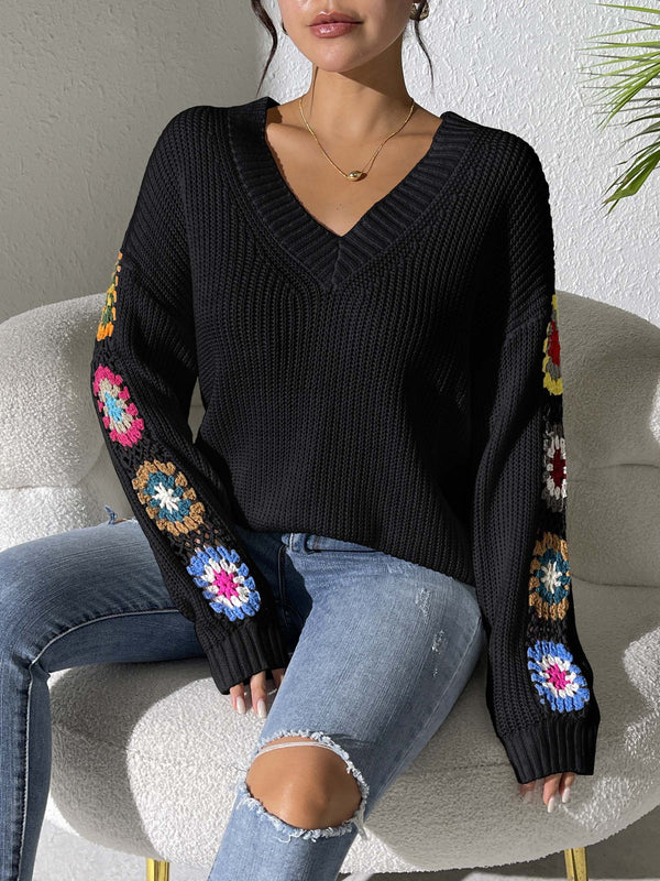 Patchwork V-neck Pullover Sweater