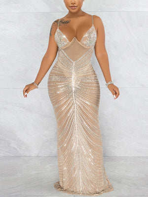 Sheer Mesh Rhinestone Party Dress