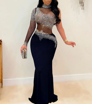 Plus Size Rhinestone Mesh Bodycon Maxi Dresses