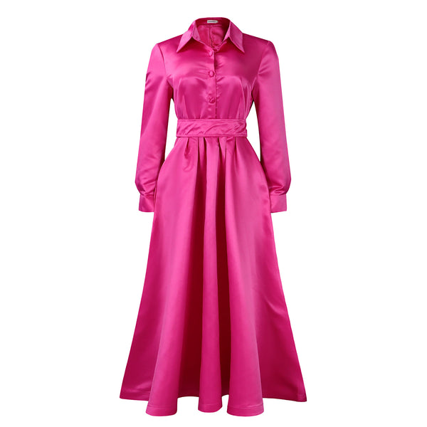 Solid Colour Lapel Long Sleeve A-line Dress