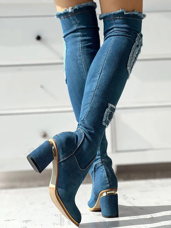 Ripped Over The Knee Denim Boots