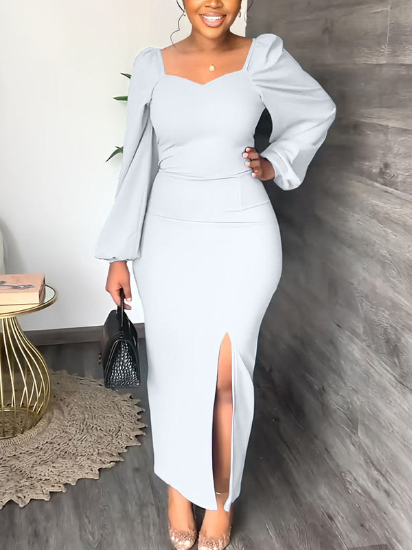 Lantern Sleeve Slit Dress