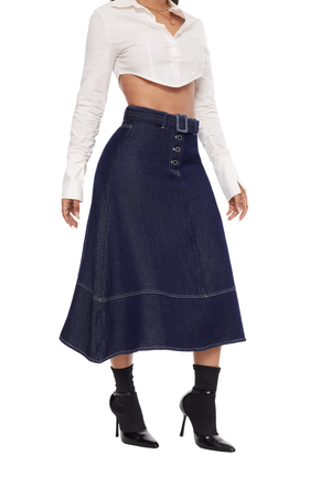 Indigo Elegance Belted A-Line Skirt