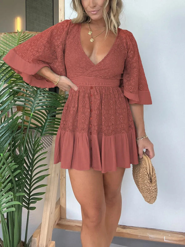 V Neck Lace Patchwork Bat Sleeve Mini Dress