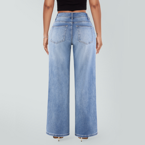 SHAPUM Women's Mid Rise Relaxed Fit Wide Leg Stretch Cuffed Jeans