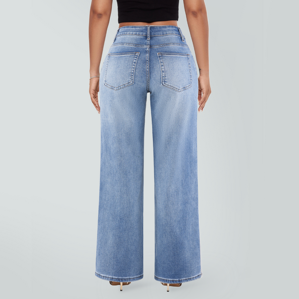 SHAPUM Women's Mid Rise Relaxed Fit Wide Leg Stretch Cuffed Jeans