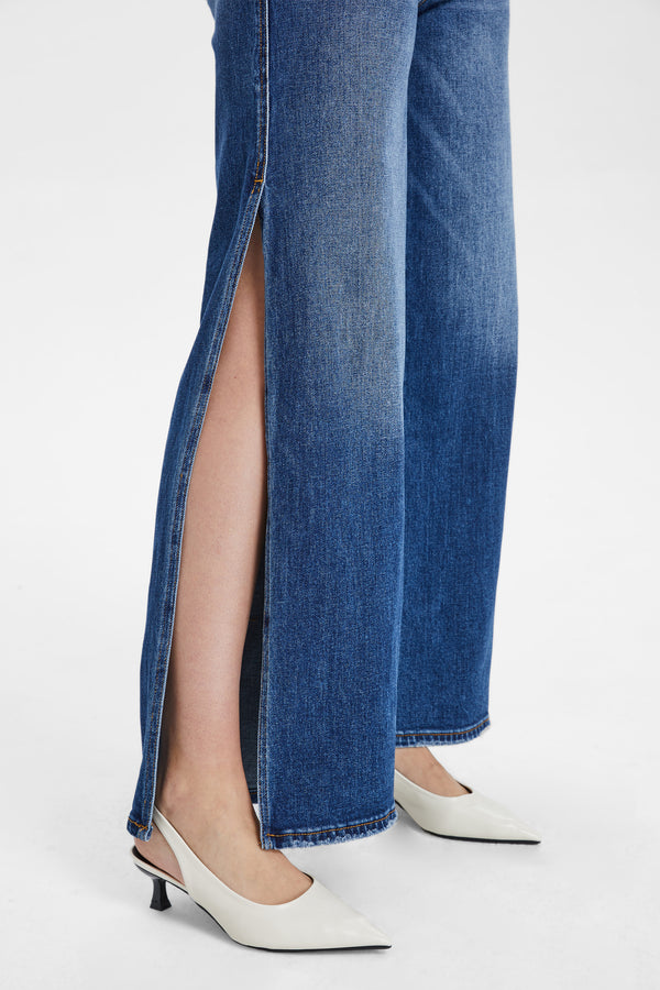 Women High Rise Stretch Wide Leg Side Slit Grinding Jeans BYW8037