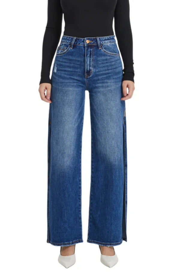 High Rise Stretch Wide Leg Side Slit Grinding Jeans