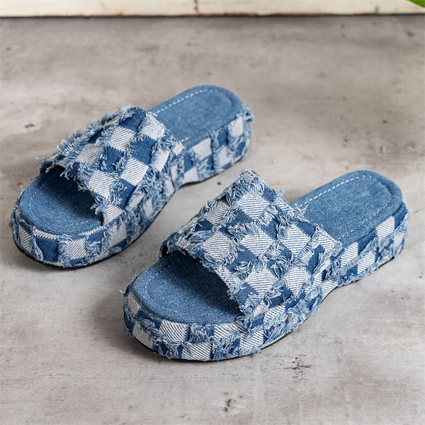 Plaid Washed Denim Thick Sole Slippers