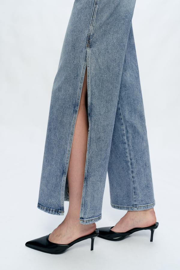 Women High Rise Stretch Wide Leg Side Slit Grinding Jeans BYW8037