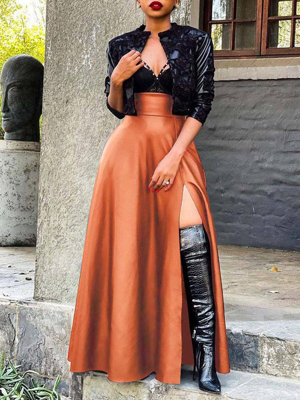 High Waist Side Slit PU Skirt