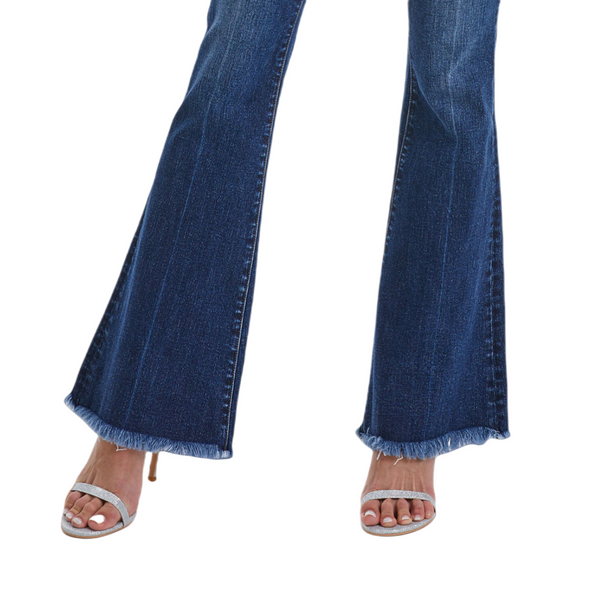 Women Mid Rise Stretch Flare Jeans with Distressed Frayed Hem BYF1119