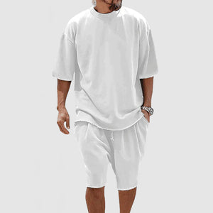 Men's Basic Casual Cotton Round Neck Shorts Two Piece Set