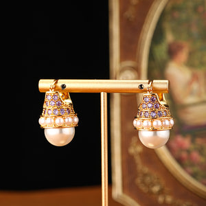 Vintage zircon crown pearl earrings