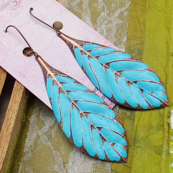 Blue Leaf Pendant Earrings