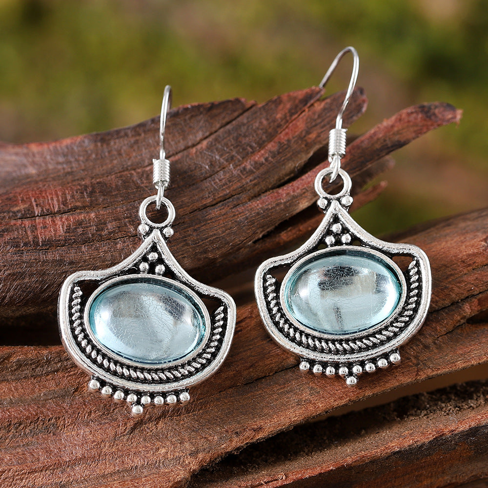 Retro Blue Oval Gemstone Earrings