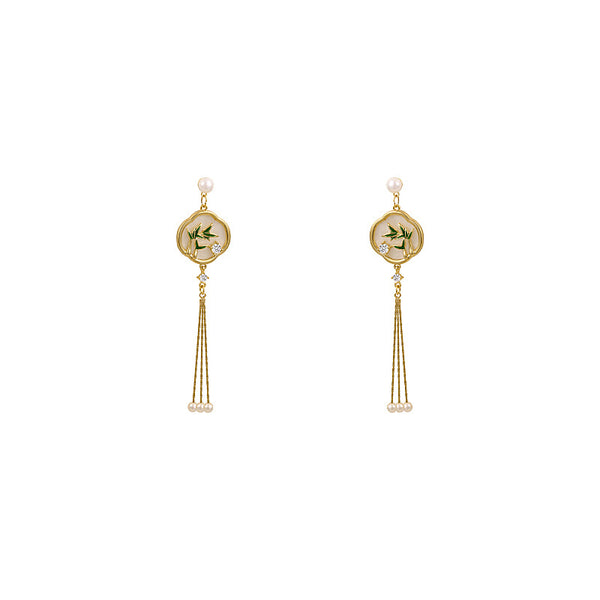 Bamboo Leaf Pearl Tassel Earrings