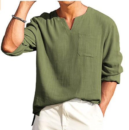 Men's solid color casual button V-neck T-shirt