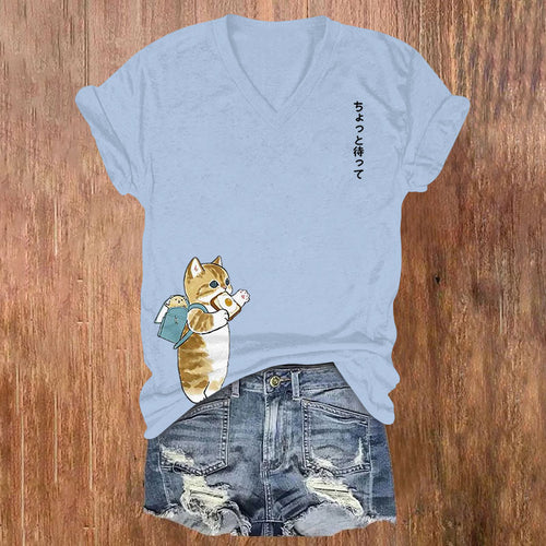 Japanese Cartoon Cat Print Casual V-neck T-shirt