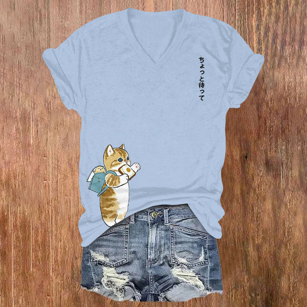 Japanese Cartoon Cat Print Casual V-neck T-shirt