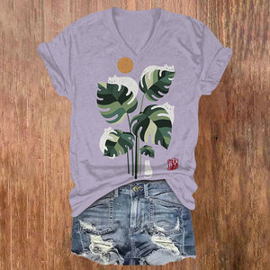 Abstract Creative Cute Cat And Plant Sun Painting Art V-neck T-shirt