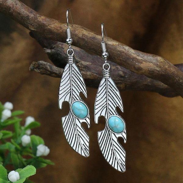 Silver Boho Leaf with Opal Earrings