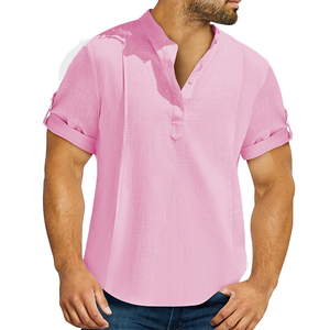 Men's Linen Cotton Henley Shirt Casual Shirt Short Sleeve T-shirt