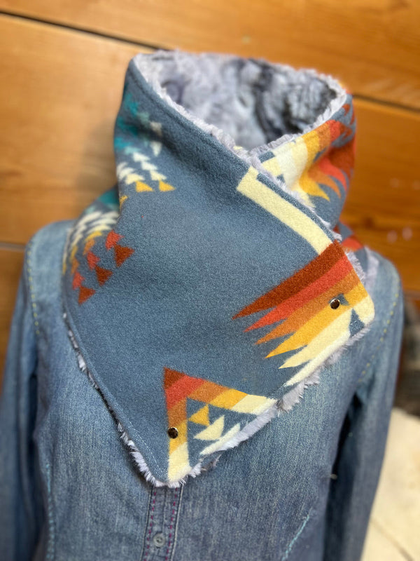 Women's Western Blue Gray Aztec Sherpa Warm Neck Hood