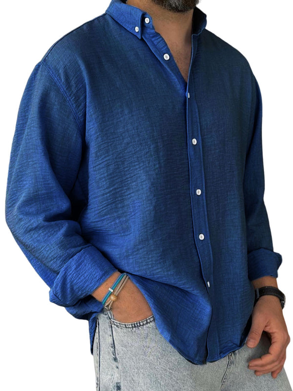 Men's Casual Simple Cotton Lapel Long-Sleeved Shirt