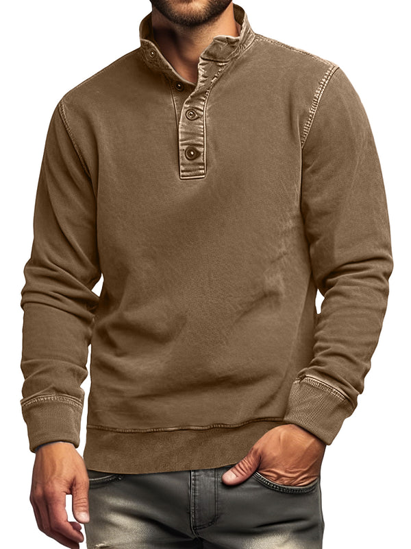 Men's Retro Stand Collar Button Solid Color Sweatshirt