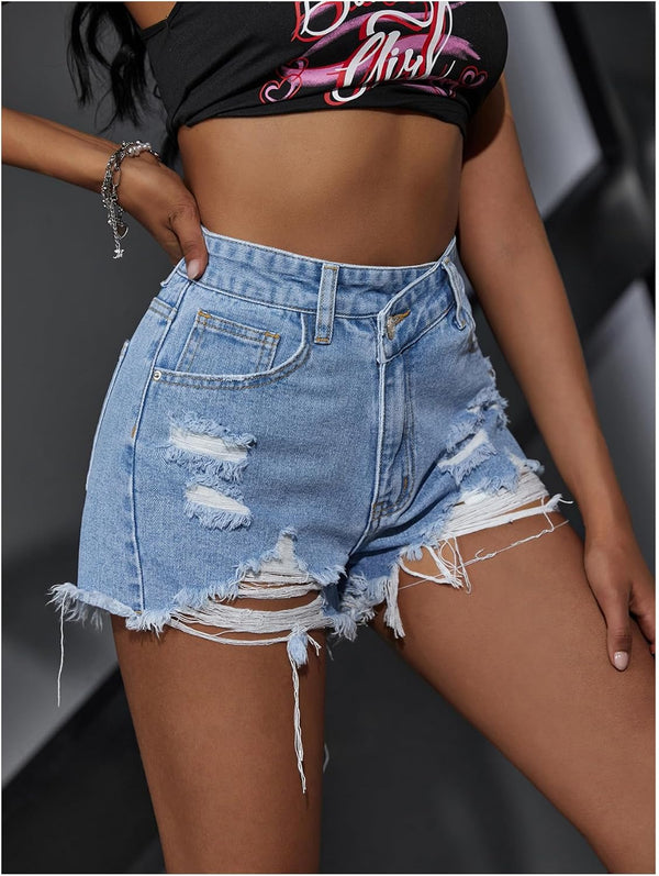 Milumia Women's High Waisted Denim Shorts Asymmetrical Ripped Raw Hem Jean Shorts