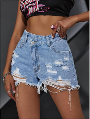 Milumia Women's High Waisted Denim Shorts Asymmetrical Ripped Raw Hem Jean Shorts