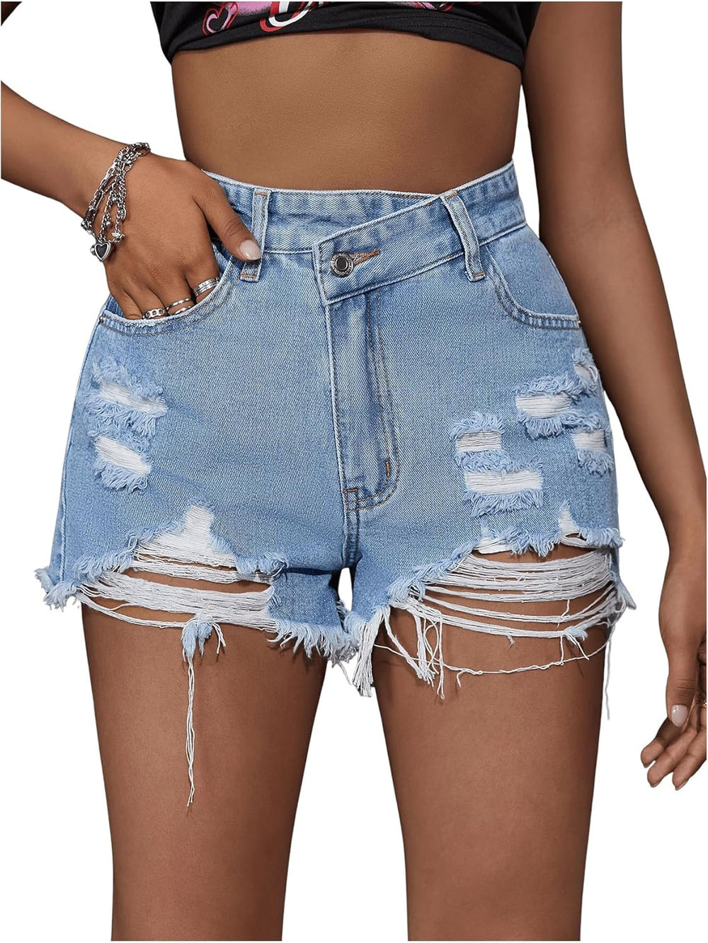Milumia Women's High Waisted Denim Shorts Asymmetrical Ripped Raw Hem Jean Shorts