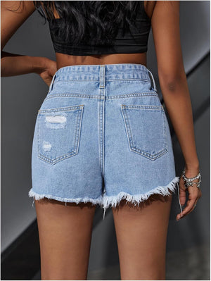 Milumia Women's High Waisted Denim Shorts Asymmetrical Ripped Raw Hem Jean Shorts