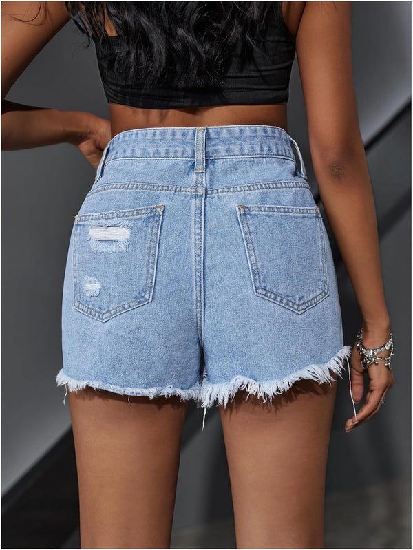 Milumia Women's High Waisted Denim Shorts Asymmetrical Ripped Raw Hem Jean Shorts
