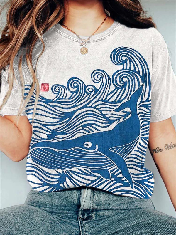 Whale & Waves Ancient Japanese Art Print T-shirt