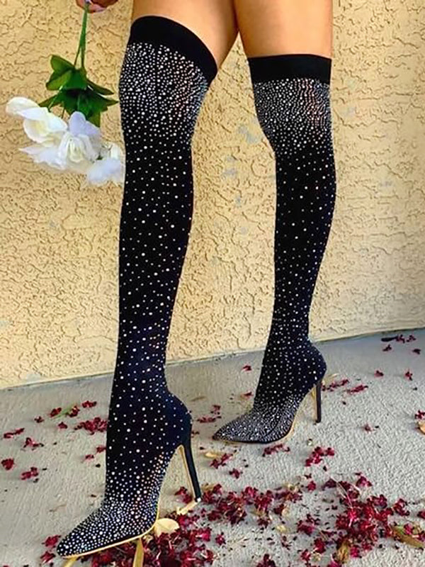 Rhinestone Decor Thigh High Boots