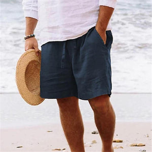 Men's summer cotton linen shorts draw rope elastic waist straight legs solid color breathable five minutes casual pants