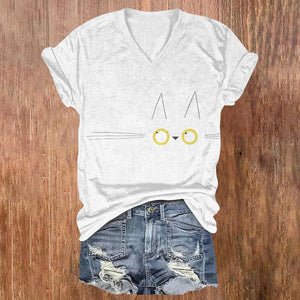 Cute Funny Cat Face Print V-neck T-shirt