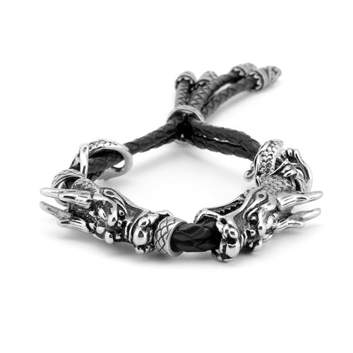 Men's titanium steel double Dragon leather bracelet titanium steel leather accessories