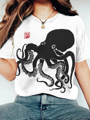 Octopus Japanese Lino Art Vintage Print T-shirt