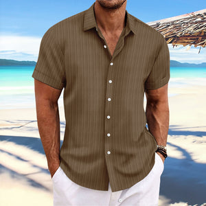 Men's cotton and linen striped jacquard casual loose short-sleeved shirt