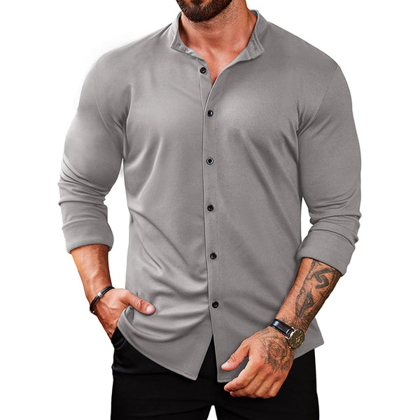 Men's Casual Non-Wrinkle Stretch Cotton Long Sleeve Shirt With Stand Collar